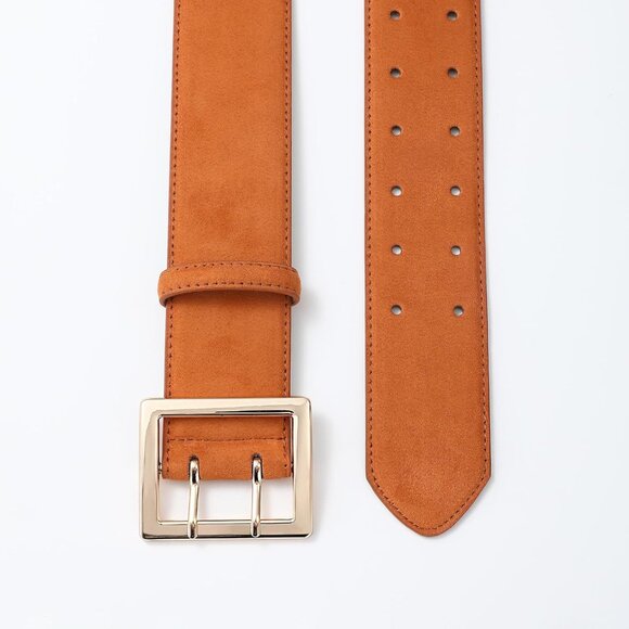 Women's Leather Wide Belts Fashion Thick Brown Suede With Gold Buckle Belt - Picture 3 of 7